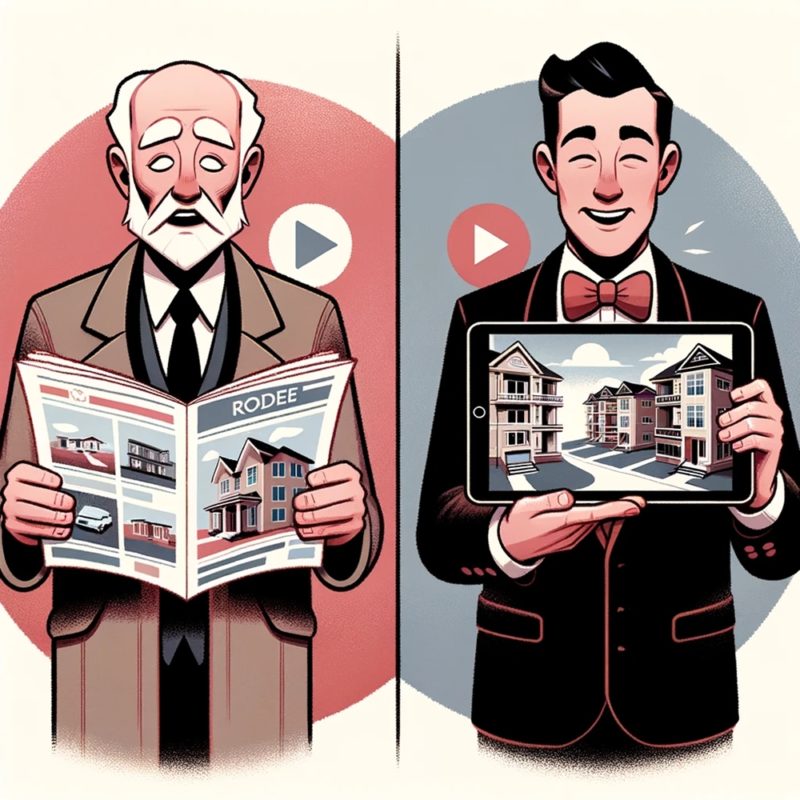 Illustration d'une scène avec un agent immobilier traditionnel avec des brochures papier et à droite un agent moderne utilisant une tablette